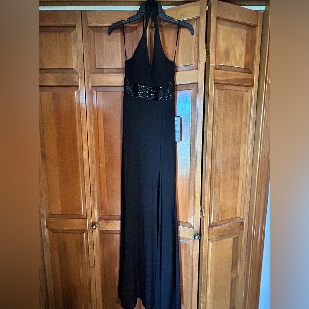 Black Macy’s halter dress with slit, floor length, size 3/4